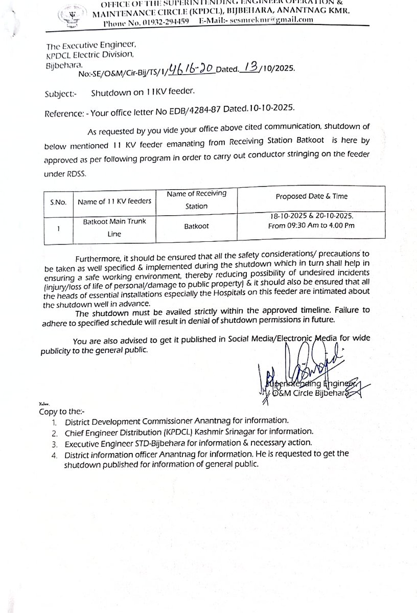 SHUTDOWN OF 11KV BATKOOT FEEDER