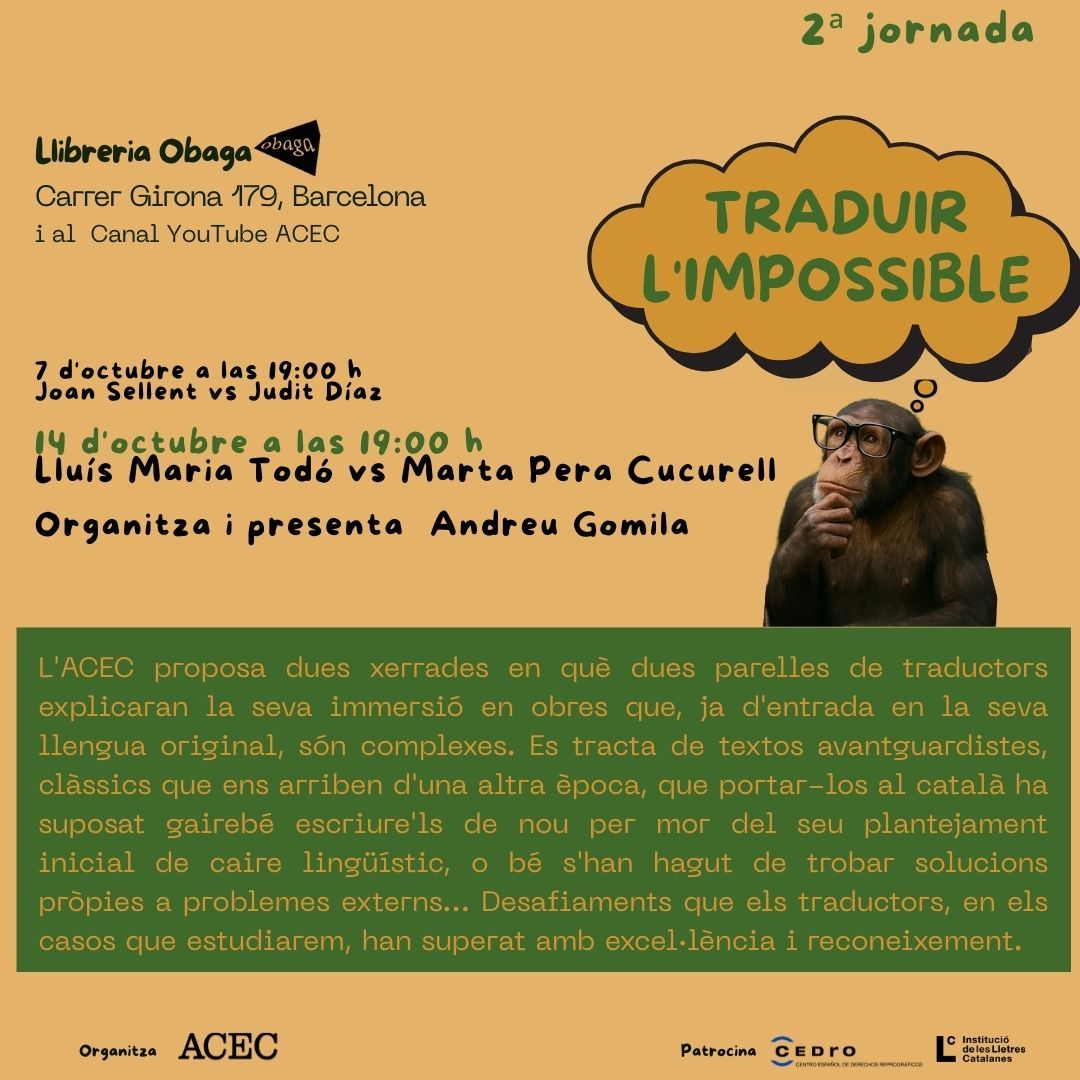 ACEC Escriptors-es (@_acec) on Twitter photo El pròxim dimarts, 14 d’octubre, continuen les jornades 'Traduir l’Impossible', amb Lluís Maria Todó i <a href="/MartaPera/">Marta Pera Cucurell</a>. Organitza i presenta <a href="/andgomila/">Andreu Gomila</a>. Amb l’ajut de @cedroenlinea i <a href="/lletres/">Lletres catalanes</a>. El pròxim dimarts, 14 d’octubre, continuen les jornades 'Traduir l’Impossible', amb Lluís Maria Todó i <a href="/MartaPera/">Marta Pera Cucurell</a>. Organitza i presenta <a href="/andgomila/">Andreu Gomila</a>. Amb l’ajut de @cedroenlinea i <a href="/lletres/">Lletres catalanes</a>.