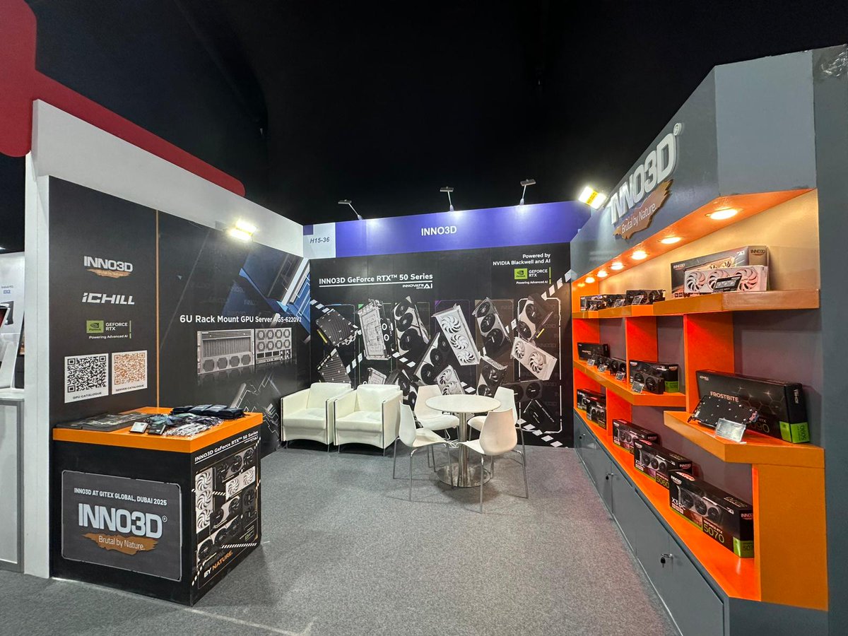 Inno3D's tweet image. We are here at @GITEX 2025! Come find us for quick chats and get to see our latest RTX 50 Series line-up, plus our signature models like RTX 5080 X3 OC WHITE &amp;amp; iCHILL Frostbite at full glance!💯🤘

VENUE: H15-36

#gitex #gitex2025 #inno3d #brutalbynature #ichill #gpu #pcgaming…
