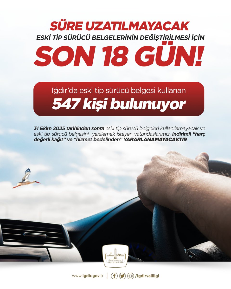 Iğdır Valiliği (@igdirvaliligi) on Twitter photo SON 18 GÜN❗️
SÜRE UZATILMAYACAK
📍Iğdır'da halen 547 vatandaşımız eski tip sürücü belgesi kullanıyor.
31 Ekim 2025 tarihinden sonra eski tip sürücü belgeleri kullanılamayacak ve eski tip sürücü belgesini  yenilemek isteyen vatandaşlarımız, indirimli “harç değerli kağıt” ve SON 18 GÜN❗️
SÜRE UZATILMAYACAK
📍Iğdır'da halen 547 vatandaşımız eski tip sürücü belgesi kullanıyor.
31 Ekim 2025 tarihinden sonra eski tip sürücü belgeleri kullanılamayacak ve eski tip sürücü belgesini  yenilemek isteyen vatandaşlarımız, indirimli “harç değerli kağıt” ve