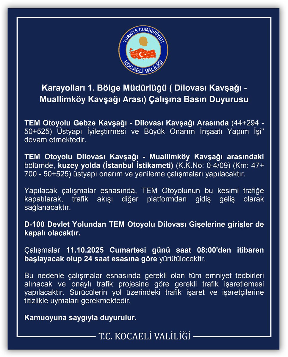 Karayolları 1. Bölge Müdürlüğü ( Dilovası Kavşağı - Muallimköy Kavşağı Arası) Çalışma Basın Duyurusu
⬇️
kocaeli.gov.tr/karayollari-1-…
<a href="/KarayollariGM/">Karayolları Genel Müdürlüğü</a>