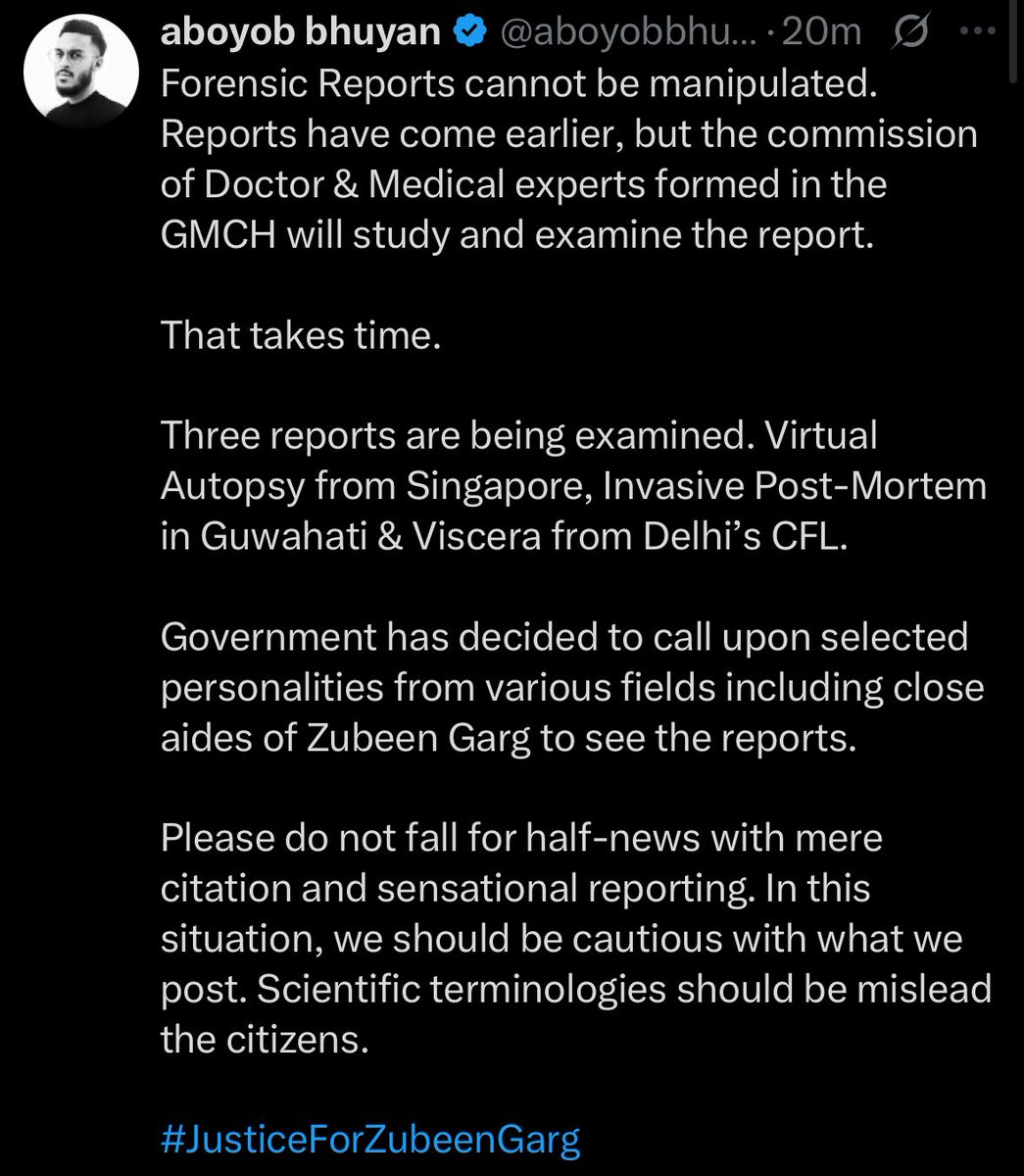 Amegha922488306's tweet image. 🚨#Breaking || Zubeen Garg Case Update: Govt clarifies forensic reports can’t be manipulated. 

Three reports — from Singapore, Guwahati &amp;amp; Delhi — under expert review. 

Public urged not to fall for half-truths or sensational news. 

#ZubeenGarg #OfficialUpdate