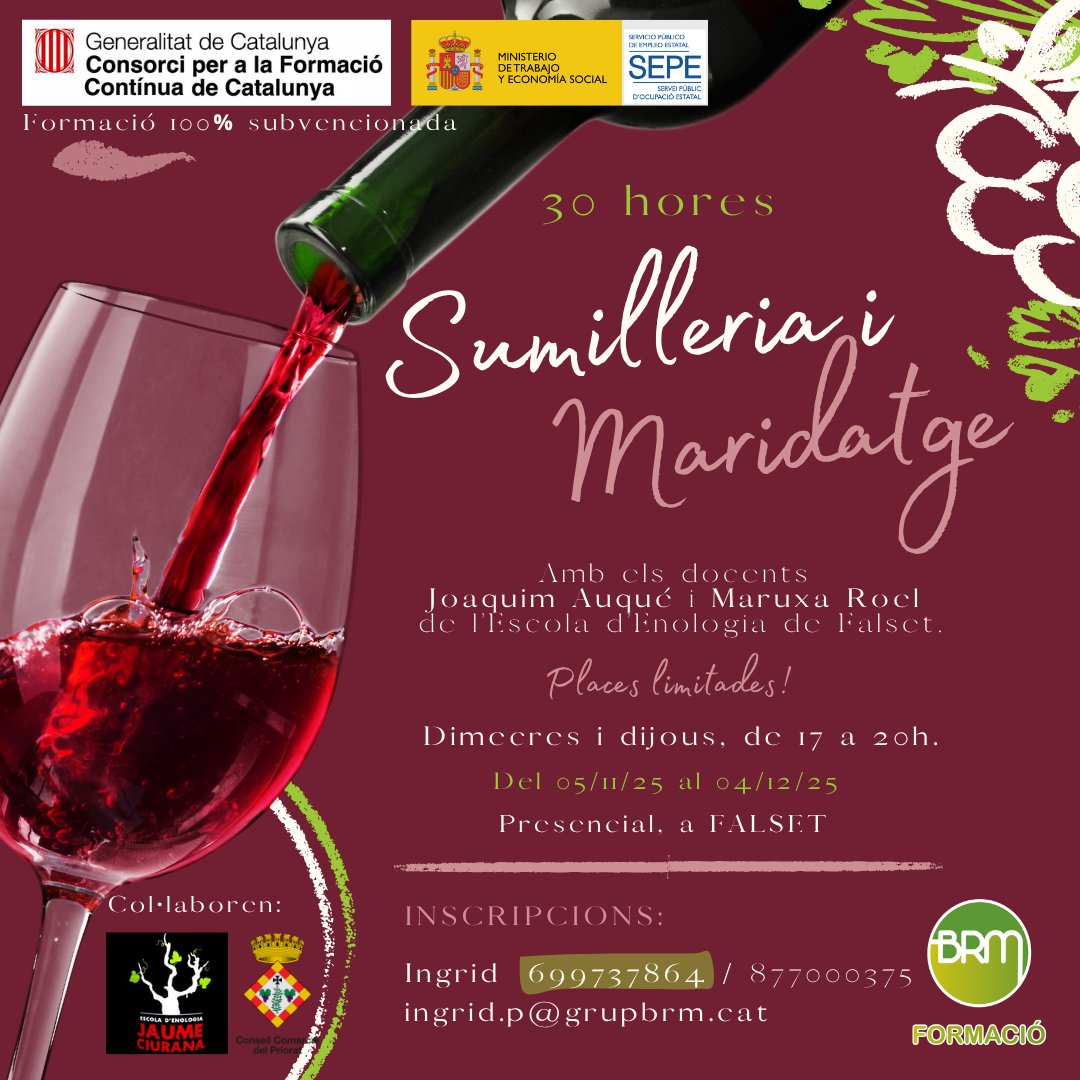 Consell Comarcal del Priorat (@ccpriorat) on Twitter photo Tens ganes de formar-te en els àmbits de la sumilleria i el maridatge? 🍷🍷🍷
Et proposem aquesta formació de 30h amb  els docents Joaquim Auqué i Maruxa Rocl, de l'escola d'enologia de Falset 👩🏫
Inscripcions a 👉 ingrid.p@grupbrm.cat o al 699737864. Tens ganes de formar-te en els àmbits de la sumilleria i el maridatge? 🍷🍷🍷
Et proposem aquesta formació de 30h amb  els docents Joaquim Auqué i Maruxa Rocl, de l'escola d'enologia de Falset 👩🏫
Inscripcions a 👉 ingrid.p@grupbrm.cat o al 699737864.