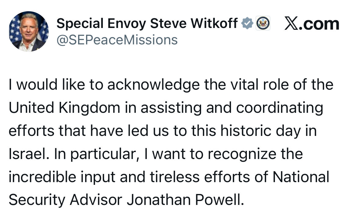 🚨🇬🇧🇮🇱 NEW: US Middle East Envoy Steve Witkoff has praised the UK government for its efforts towards a peace agreement between Israel and Palestine