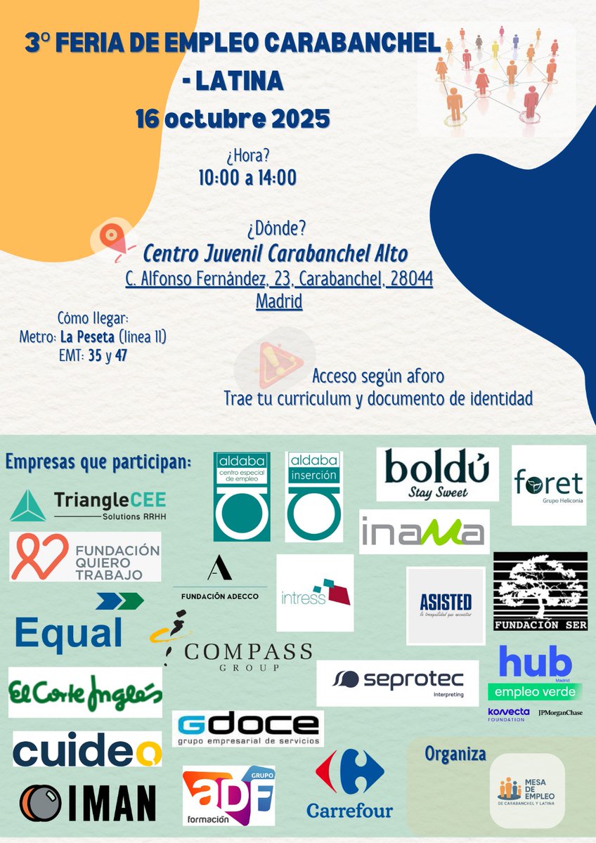 3ª FERIA DE #EMPLEO DE #CARABANCHEL-LATINA 
#Madrid. El día 16 de octubre, <a href="/FundacionAldaba/">FundacionAldaba</a>  y #foret estarán en  el Centro Juvenil de Carabanchel Alto para celebrar esta tercera Feria de Empleo desde las 10 hasta las 14 h. #empleo