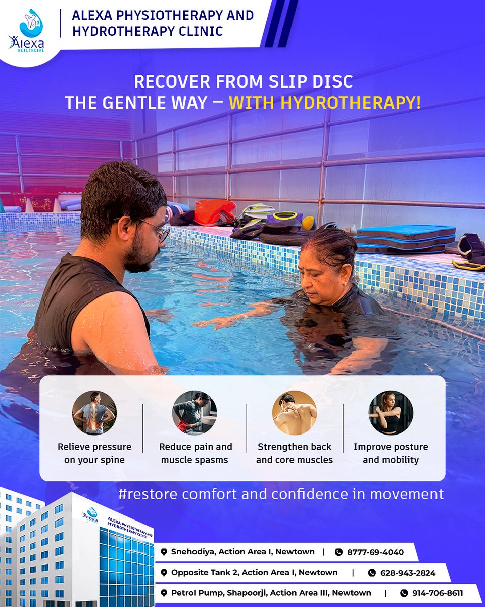 Struggling with slip disc pain? 
Let water heal what pressure can’t! Hydrotherapy gently supports your spine, reduces pain, and helps you move freely again — without strain or stress. 

Locations:
* Snehodiya, AA I, 
* Opposite Tank 2, AA I, 
* Petrol Pump, Shapoorji, AA III