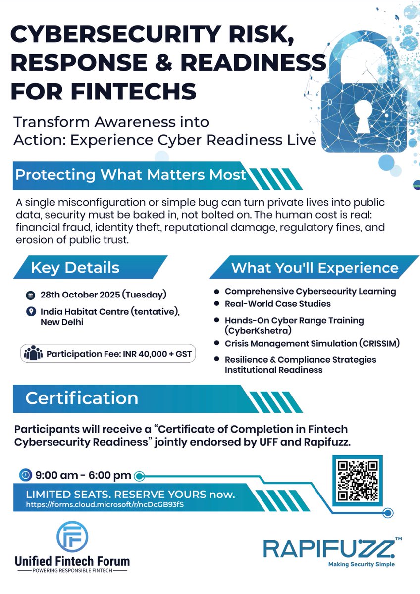 Cybersecurity Risk, Response &amp; Readiness for FinTechs
Call to Action! Limited Seats! Registration Link : lnkd.in/grReWass
