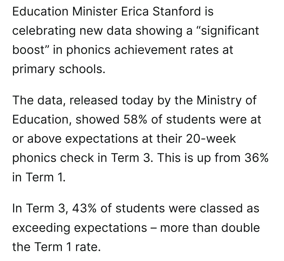 Absolutely insane effect sizes after six months of phonics in NZ schools. 

University education lecturers quoted as being 'concerned the preoccupation with phonics ignores other elements of learning to read'.