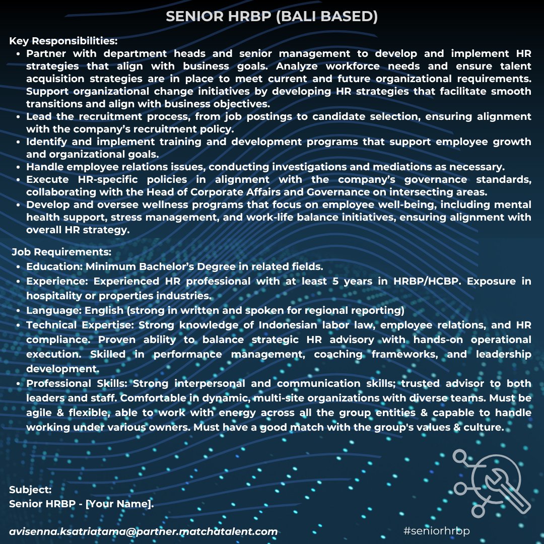 Aviknight's tweet photo. Hello job seeker, i'm looking for HRBP to be placed in Jakarta and Bali. If you are interested, please check out the requirements below:  

Thank you Cc.
@hrdbacot https://t.co/bbf36OU5sS