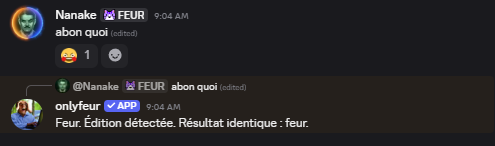 Onlyfeur's tweet photo. Update : 
Le bot "marque" les messages avec un émoji
Le bot détecte désormais la suppression de message
Le bot détecte désormais l'édition de message
Le bot peut répondre avec des gifs (optionnel) https://t.co/Mpi11ZFODk