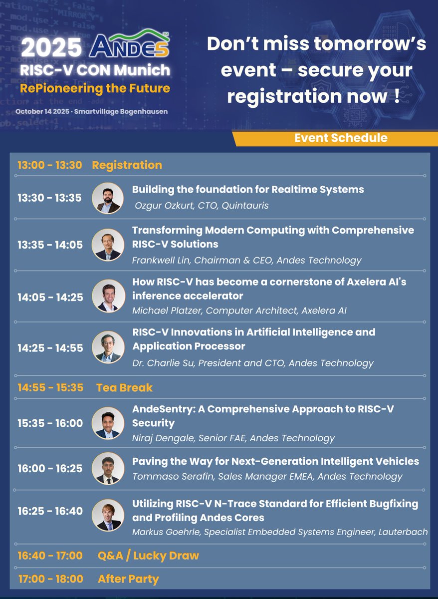 🚨 1 Day to Andes RISC-V CON, Munich! 🚨

Highlights: Keynotes, AI &amp; automotive success stories, QiLai demos, networking
🔗 Register: pse.is/84jsgz

📅 Oct 14 | 🕐 1–6 PM | After party 🍻
📍 Barcelona Hall, Smartvillage Bogenhausen
👉 Welcome to bring friends