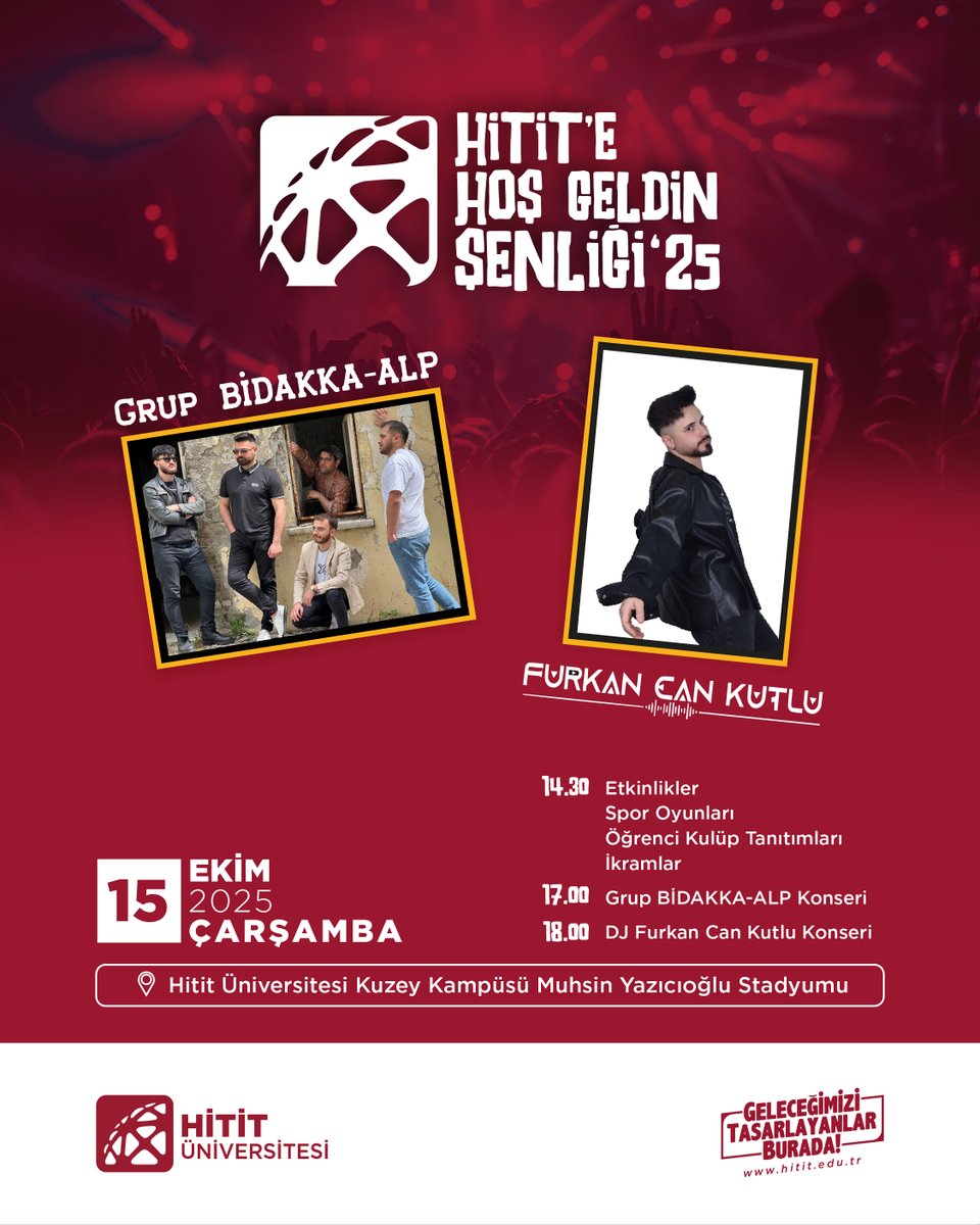 Hitit'e Hoş Geldin Şenliği 2025🥳

🗓️15 Ekim 2025 Çarşamba günü saat 14.30'da başlıyoruz...📣

Tüm öğrencilerimizi bekliyoruz.🥰

📍Hitit Üniversitesi Kuzey Kampüsü Muhsin Yazıcıoğlu Stadyumu

#HititÜniversitesi <a href="/ProfAliOzturk/">Ali Osman Öztürk</a>