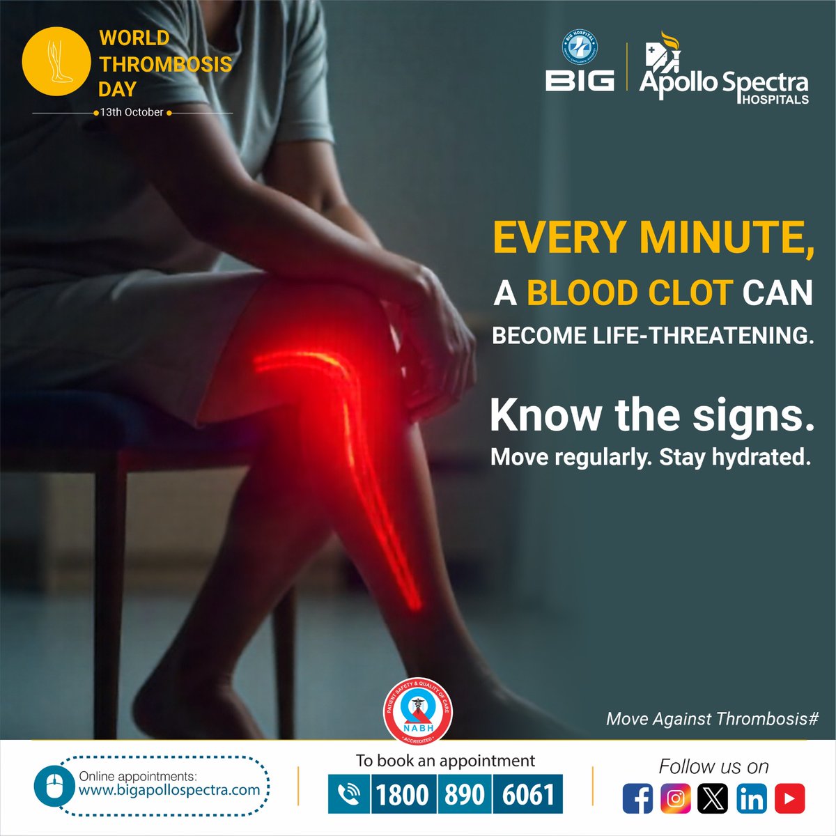 🩸 World Thrombosis Day | 13th October 🩸

Every minute counts — a blood clot can become life-threatening if not detected on time.

🚨 Know the signs.
✅ Move regularly
💧 Stay hydrated
🩺 Spread awareness &amp; take a step towards preventing thrombosis.