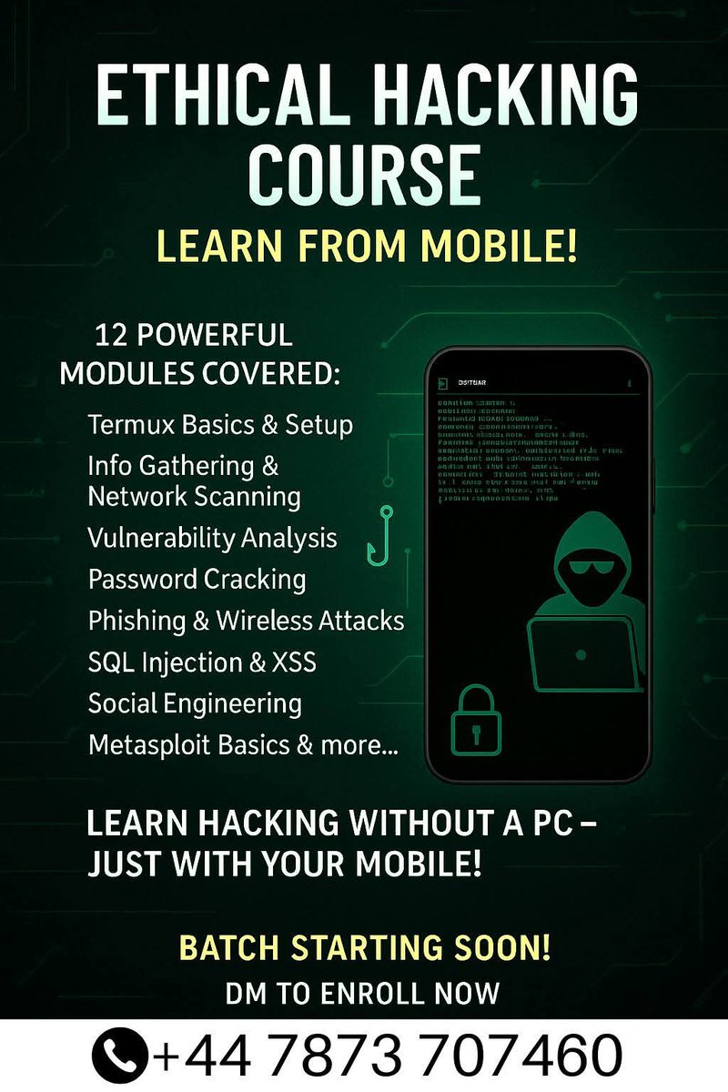 MrProhacker313's tweet image. My Mobile Hacking Course If anyone interested to learn Can Contact on my whatsapp #followme #likeme #learnhacking #EthicalHacking #becomehacker #KaliLinux #termux