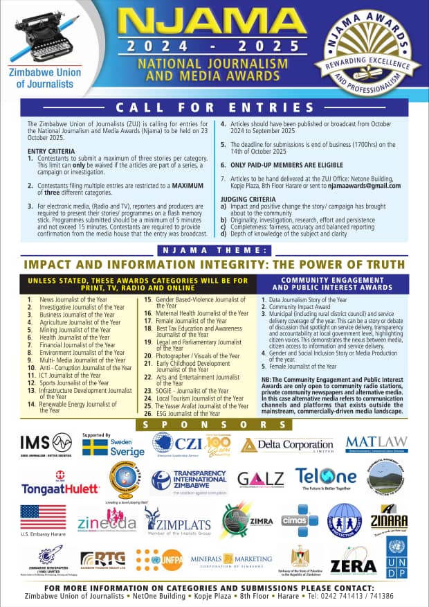 Transparency International Zimbabwe (TI Z) is proud to sponsor the Investigative Journalist of the Year Award at the National Journalism and Media Awards (NJAMA) 2025, held under the theme “Impact and Information Integrity: The Power of Truth.”

This partnership underscores TI