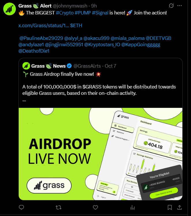 Kryptostars_IO's tweet image. 🚨🚨🚨SCAM ALERT 🚨🚨🚨
There is currently no Grass airdrop! Please be careful with such messages. These are scam sites that want to steal your cryptocurrencies from your wallet!
@grass @grassfdn #Scam $GRASS #Grass