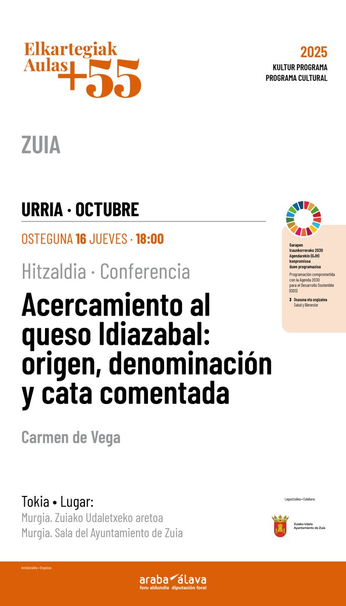 🗣️ Idiazabal gaztaren inguruko hitzaldia Elkartegiak +55 programaren baitan.

📅Urriak 16
📍 Murgian. Zuiako udaletxeko aretoan.
🕜18:00

🗣️ Charla sobre el queso Idiazabal dentro del programa Aulas +55.

📅 16 de octubre.
📍 En Murgia. Sala del ayuntamiento de Zuia.
🕜18:00