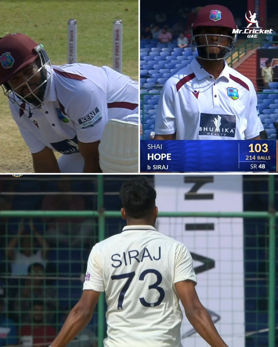 mrcricketuae's tweet image. Siuuuuraj strikes the big wicket of Shai Hope.

#ShaiHope #WIvIND #TestCricket