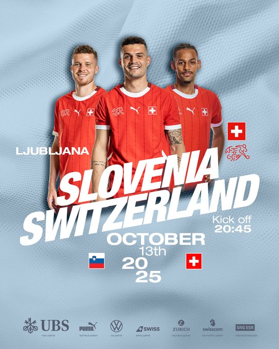 Three male soccer players in red Switzerland national team jerseys with white cross and Puma logos stand side by side against a light blue background. The player on the left has short blond hair and smiles. The middle player has dark hair a beard and smiles broadly. The right player has short dark hair and a serious expression. Text overlay reads SLOVENIA SWITZERLAND October 13 20:45 in white bold letters. Below it LJUBLJANA in large letters. Slovenian and Swiss flags are shown at the bottom. Sponsors UBS Puma and Volkswagen logos appear at the base.