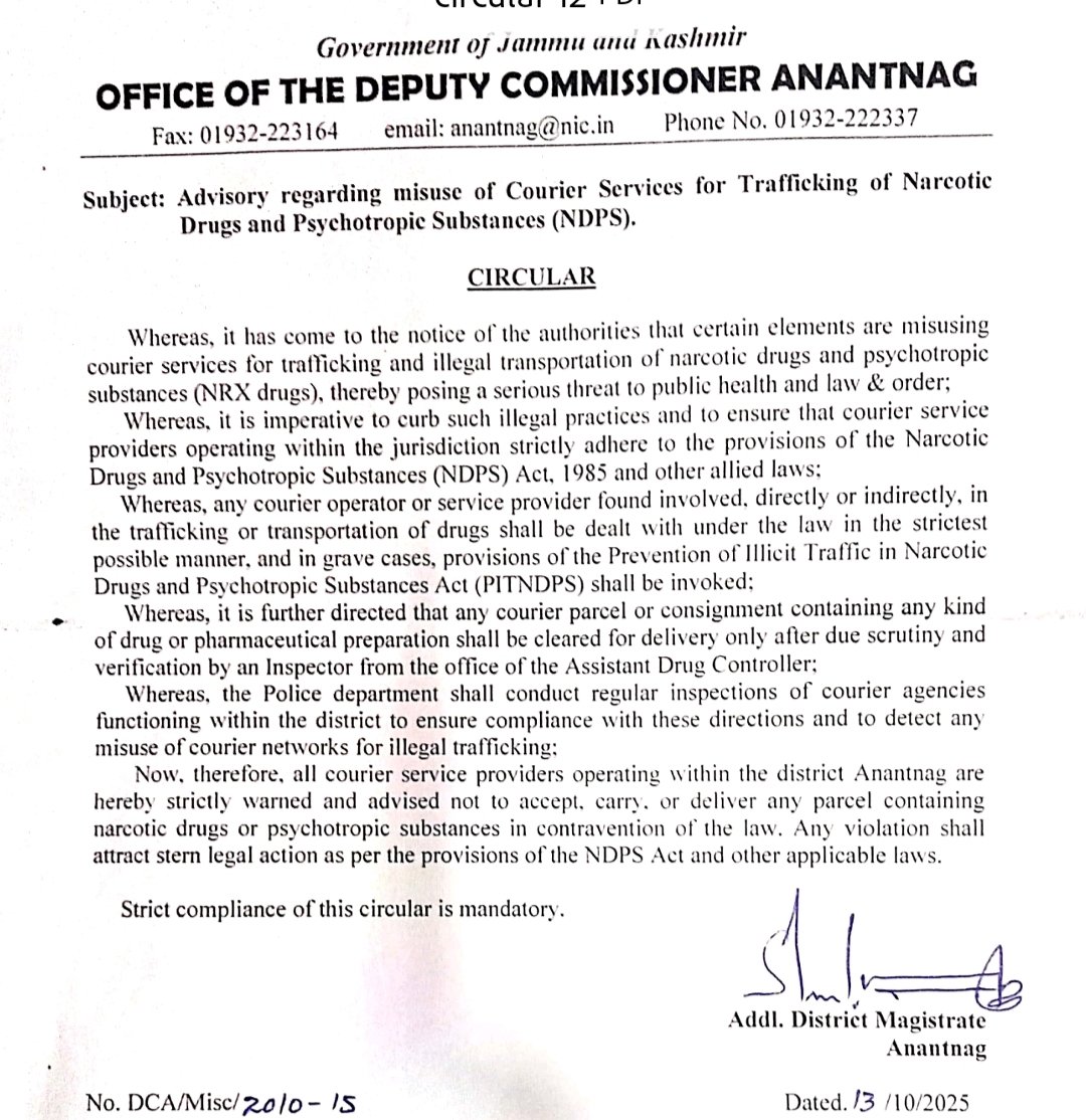 Information & PR Anantnag (@anantnagdiprc) on Twitter photo Advisory regarding misuse of Courier Services for Trafficking of Narcotic Drugs and Psychotropic Substances (NDPS) issued by the Office of District Magistrate Anantnag, <a href="/DCAnantnag/">Deputy Commissioner Anantnag</a>.
<a href="/diprjk/">Information & PR, J&K</a>
<a href="/ddnewsSrinagar/">DD NEWS SRINAGAR</a>
<a href="/cmo_anantnag/">CMO Anantnag Official</a> Advisory regarding misuse of Courier Services for Trafficking of Narcotic Drugs and Psychotropic Substances (NDPS) issued by the Office of District Magistrate Anantnag, <a href="/DCAnantnag/">Deputy Commissioner Anantnag</a>.
<a href="/diprjk/">Information & PR, J&K</a>
<a href="/ddnewsSrinagar/">DD NEWS SRINAGAR</a>
<a href="/cmo_anantnag/">CMO Anantnag Official</a>