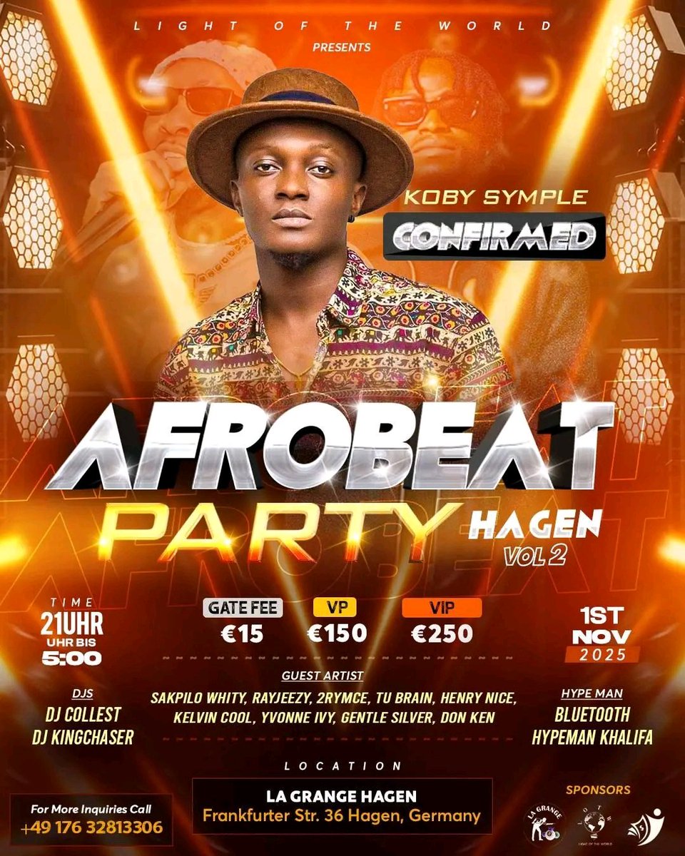 🇩🇪 Germany Vibes!
This 1st November, we light up Hagen, Germany!
Truly honoured to share the stage with my Naija brother <a href="/KobySymple/">Koby Symple</a> 🔥

Let’s give them a night to remember! 💃🏾🎶
#KobySymple #AbavanaMusicLtd #GermanyTour #LivePerformance
