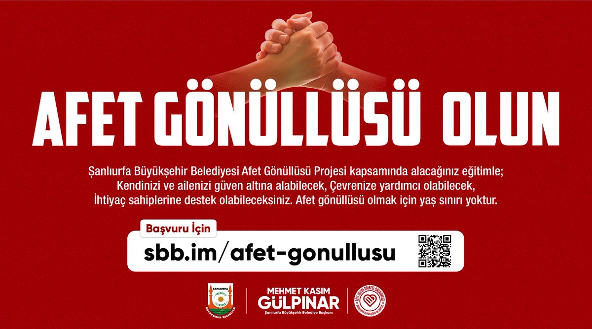 AFET GÖNÜLLÜSÜ OLUN!

Şanlıurfa Büyükşehir Belediyesi olarak başlattığımız Afet Gönüllüsü Projesi ile siz de afet anlarında bilinçli bir destekçi olabilirsiniz. Alacağınız eğitimlerle hem kendinizi ve ailenizi koruyabilir hem de çevrenize yardımcı olarak ihtiyaç sahiplerine el