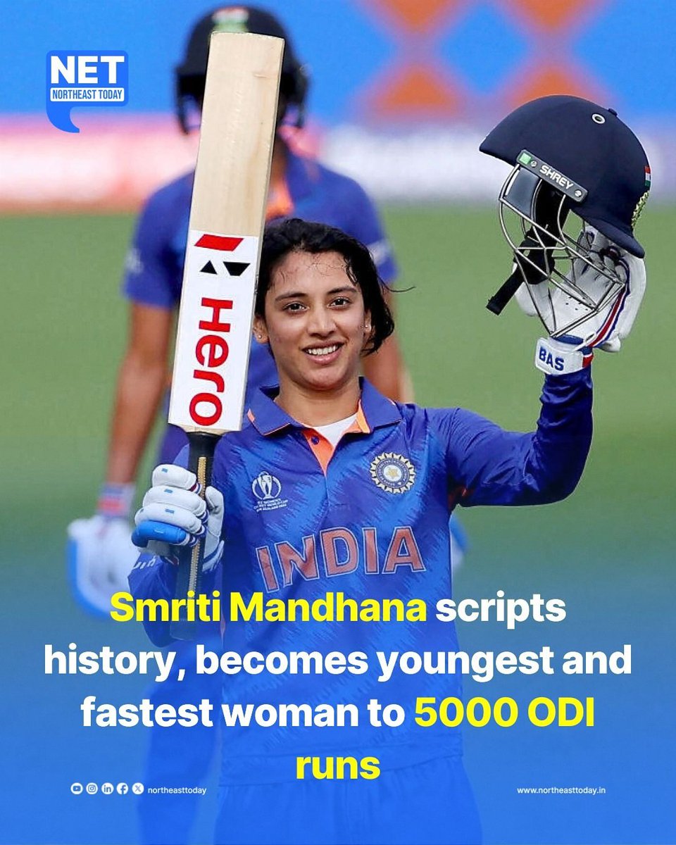 NortheastToday's tweet image. #NetSnippet | Smriti Mandhana created history in women’s cricket by becoming the youngest and fastest player to reach 5000 runs in One Day Internationals during India’s World Cup match against Australia at the ACA-VDCA Stadium.
Mandhana scored 80 runs off 66 balls, hitting nine…
