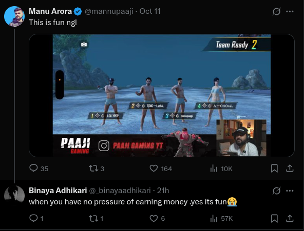 _binayaadhikari's tweet photo. Shoutout to @mannupaaji for replying. Your post is gold, my reply just got lucky with 57K views https://t.co/8AqAHENHFT