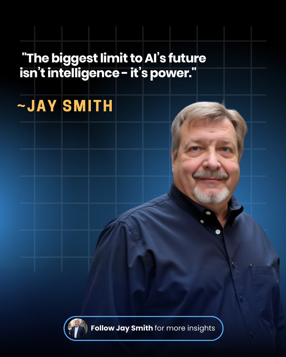 JaySmithNotes's tweet image. The biggest wall AI will hit isn&apos;t a limit on its intelligence. 🧠

It&apos;s the power grid. ⚡

We&apos;re building brilliant minds that require an incredible amount of energy to run. 

The real AI race isn&apos;t just about code; it&apos;s a race for electricity.

#AI #FutureOfTech #Energy…