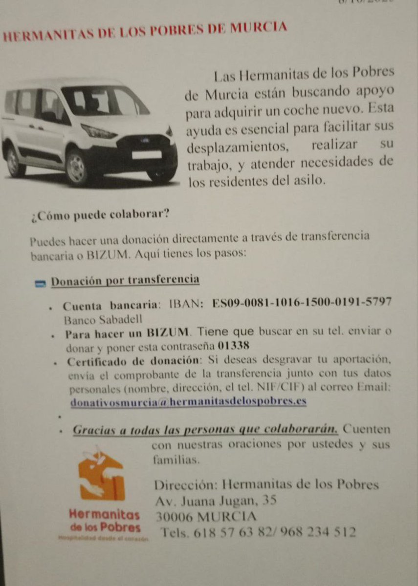 DebeVivir's tweet photo. Me pide la hermana de los Pobres Sor María Jesús, que difundamos este cartel, solicitando ayuda para adquirir un vehículo. Por favor difundir también en vuestras listas de contactos. Muchas gracias https://t.co/G1lINM0iqm
