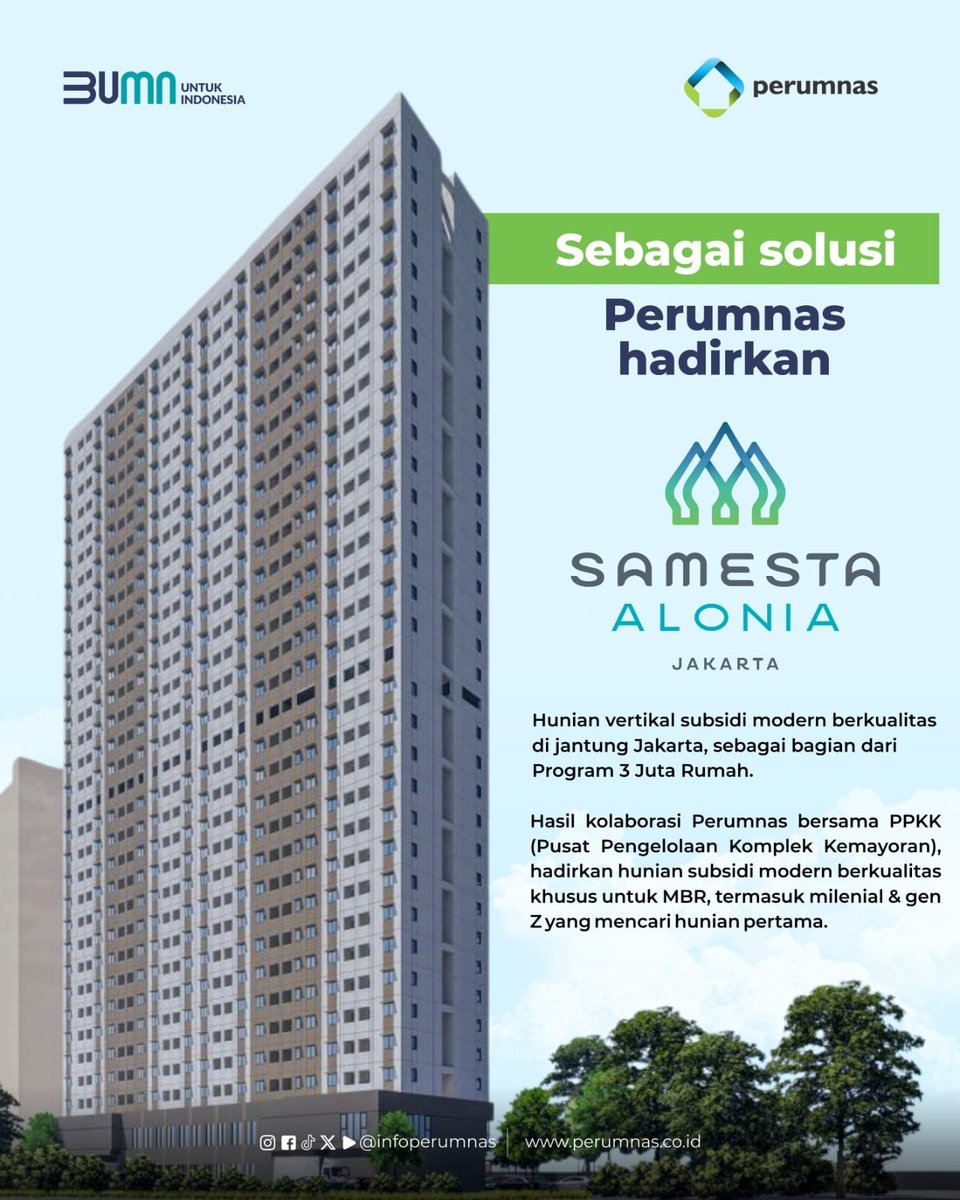 aceh_hadir's tweet photo. Punya hunian subsidi di jantung Jakarta kini makin mudah! 🏙️ Perumnas hadirkan Samesta Alonia Kemayoran untuk MBR, Milenial &amp; Gen Z. Hunian modern, terjangkau &amp; strategis, bagian dari program 3 Juta Rumah 🏠✨ 

#HunianUntukIndonesia #Perumnas #HunianSubsidi #TigaJutaRumah https://t.co/JrXF3OaHJr