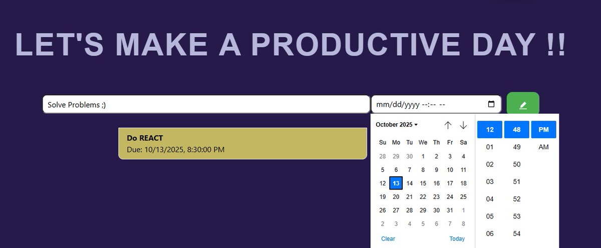 Soumyadeep58881's tweet image. React Day 58 ⚛️

• Added local date &amp;amp; time selection feature ⏰ (shoutout to ChatGPT for help 😄)

• Revised hooks, revisited old parts,
and still grinding 💪

• Also learned core DSA math 🧠

   Consistency &amp;gt; Motivation 🚀
#ReactJS #WebDev #100DaysOfCode #Frontend #JavaScript