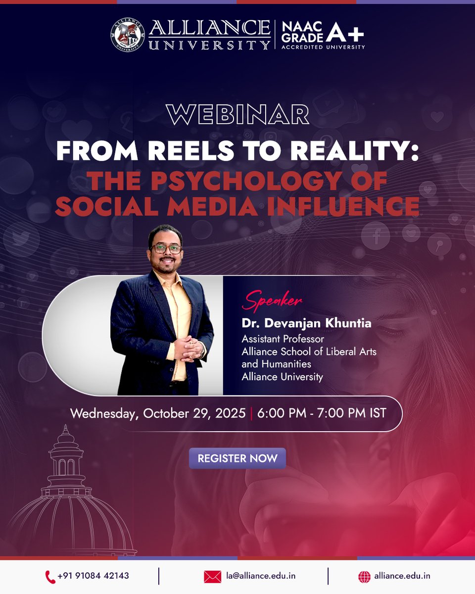 Likes, shares, stories, at what cost? Your Irrevetable Time!
Join the webinar “Reels to Reality” to explore social media algorithms &amp; their impact on human psychology.
Register free: zoom.us/webinar/regist…
#allianceuniversity #webinar