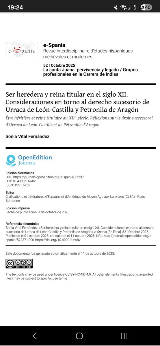Me hace especial ilusión compartir la publicación de un nuevo artículo de mi autoría en el último número de la revista e-Spania (octubre de 2025), editada por la Sorbonne Université.
Puede descargarse aquí ⬇️
 journals.openedition.org/e-spania/57237
#medievalismo #queenship #EdadMedia