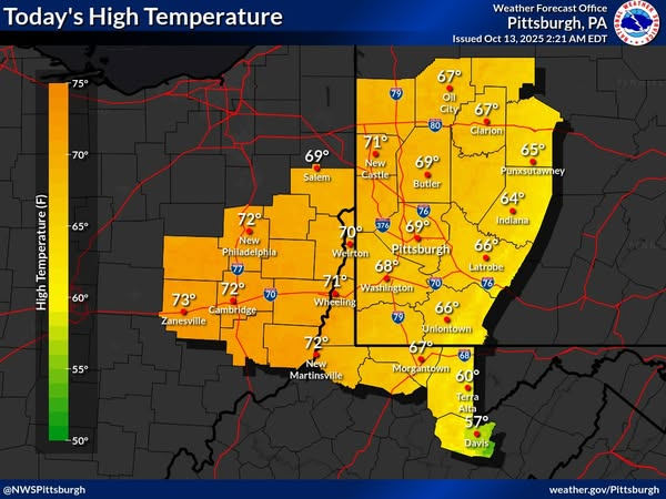 NWSPittsburgh's tweet photo. The low pressure center tracking up the east coast will bring some showers and cloud cover to the eastern counties today. This can be seen on the high temperature forecast for today as mid 60s are likely over the east and low 70s are expected elsewhere. https://t.co/mITFwZDsQn