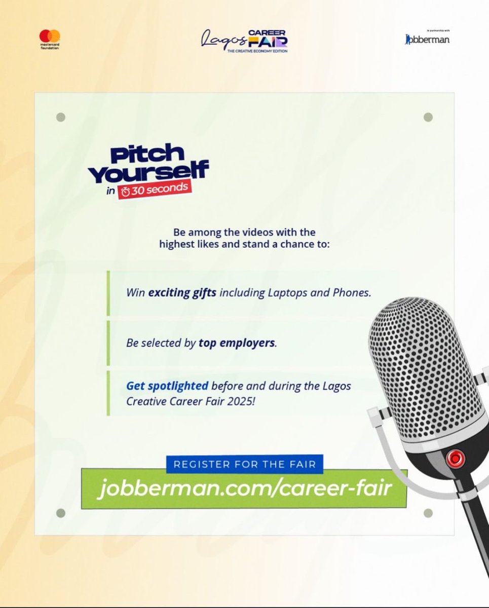 Skillz (@skillzxtimi) on Twitter photo Pitch yourself in 30 seconds, stand out, and connect with your dream employer!
Follow the instructions on the flyer tag <a href="/Jobbermandotcom/">Jobberman Nigeria</a> and use the hashtag #LagosCreativeCareerFair on Instagram or TikTok
#JobbermanNigeria
Register now 👉 jobberman.com/career-fair Pitch yourself in 30 seconds, stand out, and connect with your dream employer!
Follow the instructions on the flyer tag <a href="/Jobbermandotcom/">Jobberman Nigeria</a> and use the hashtag #LagosCreativeCareerFair on Instagram or TikTok
#JobbermanNigeria
Register now 👉 jobberman.com/career-fair