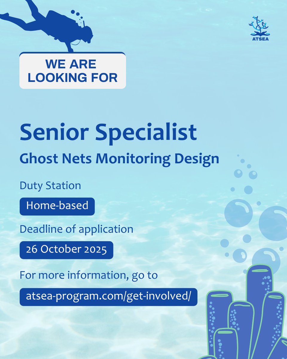 📢 We’re Hiring!

ATSEA is seeking a Senior Specialist to design a Regional Monitoring System for Ghost Nets (ALDFG) across Australia, Indonesia, PNG &amp; Timor-Leste 🌊

Apply by 26 Oct 2025
For more details ⬇️
atsea-program.com/get-involved/