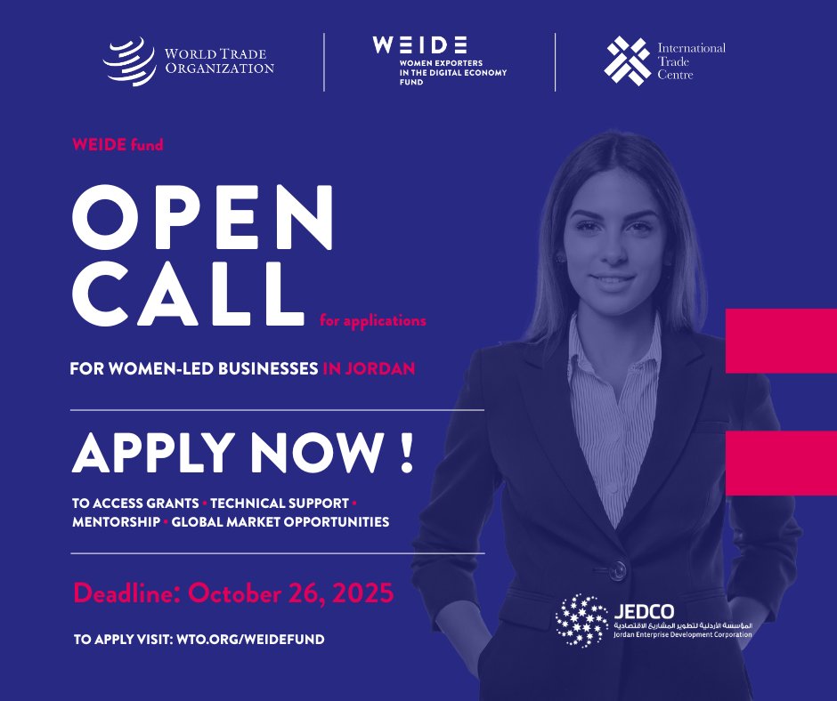 Women-led businesses in Jordan can apply to #WEIDEFund for funding, training, and global market connections to help them scale up! Check eligibility and apply here 👉 bit.ly/3INbWEG