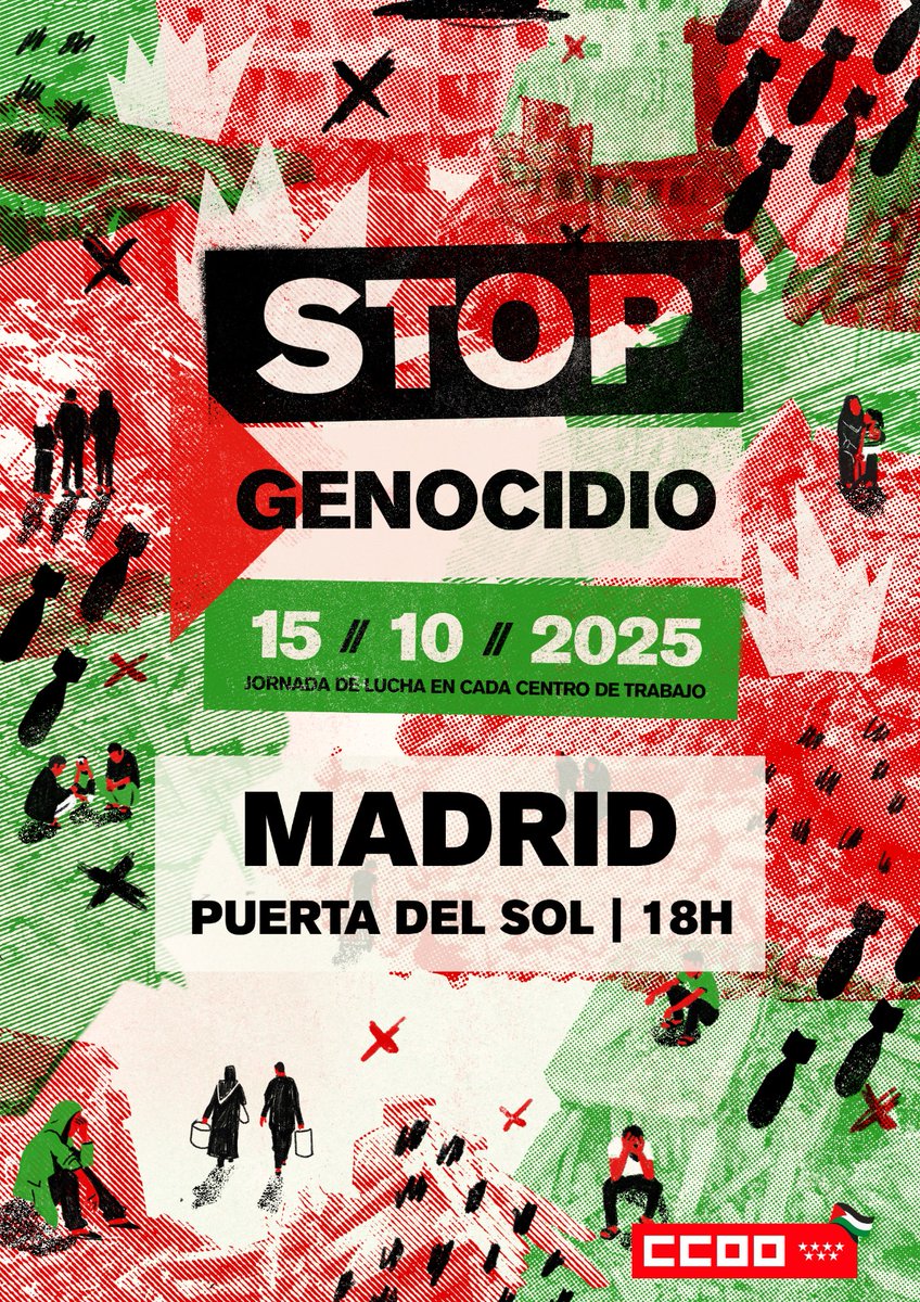 🔴 ¡Movilízate contra el genocidio de Gaza el 15 de octubre! 🇵🇸

Por solidaridad con el pueblo palestino, en defensa de los derechos humanos y los valores democráticos

🔴 El 15 de octubre:
▪️2h de protesta por turno en todos los centros de trabajo y concentraciones en las
