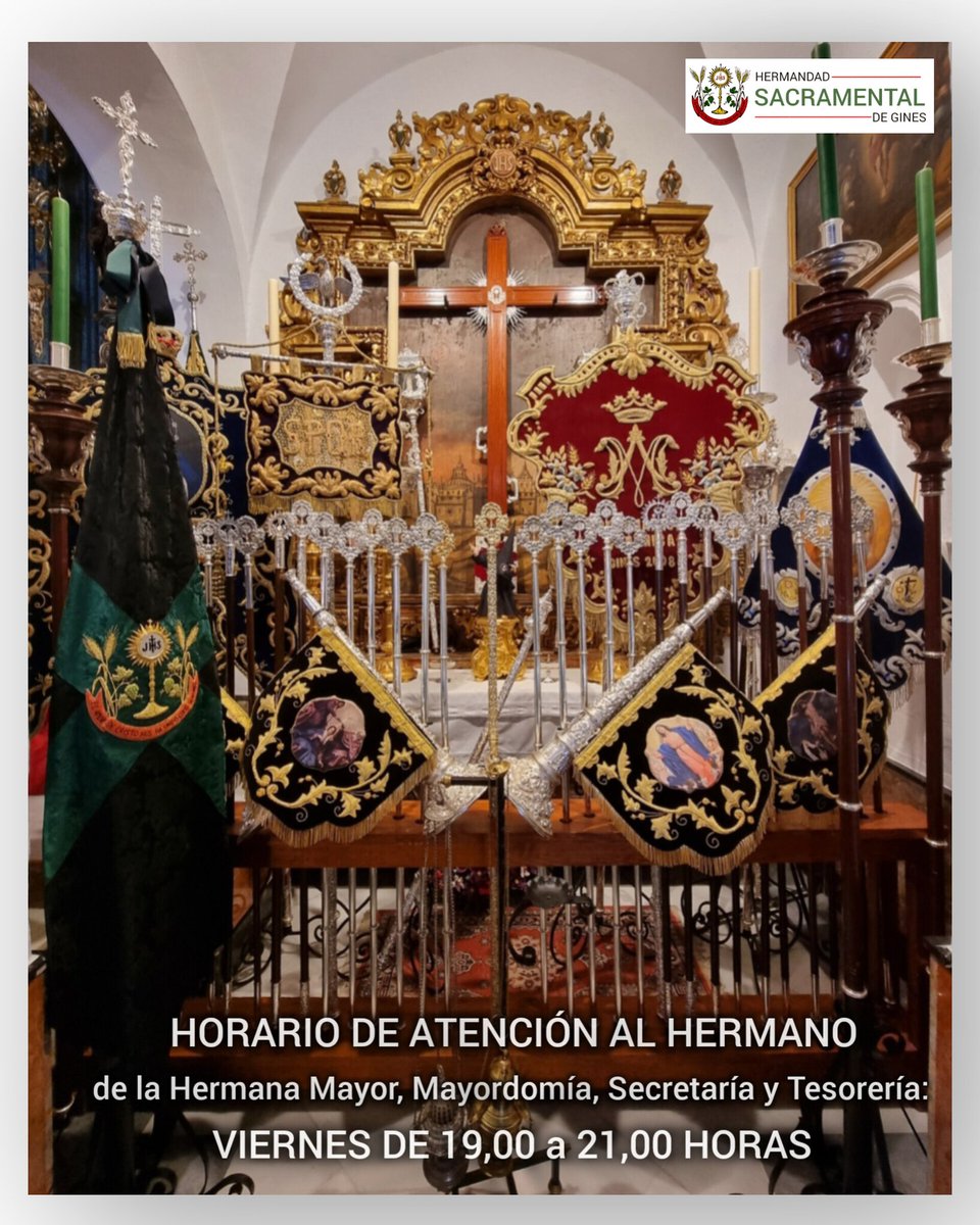 ℹ️ HORARIO DE ATENCIÓN AL HERMANO de la Hermana Mayor, Mayordomía, Secretaría y Tesorería:
⏰️ Viernes de 19,00 a 21,00h