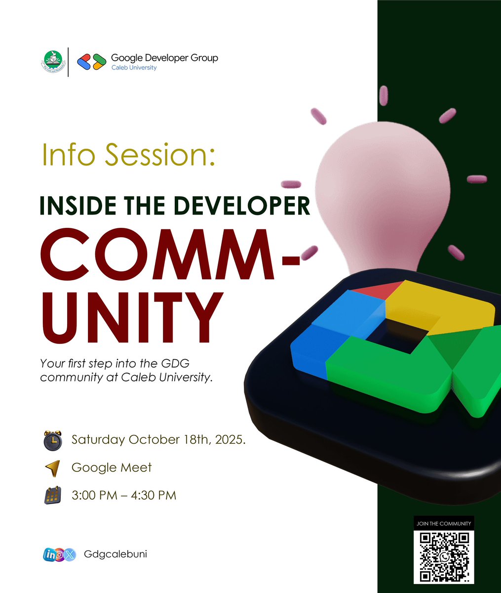 gdgcalebuni's tweet image. 🚀 Ready to kickstart your tech journey?
Join the GDG on Campus Caleb University Info Session💡
Learn, grow & connect with innovators in:
🌐 Dev | 🧠 AI | 🛡️ Cybersecurity | 🎨 Design
📅 Sat, Oct 18 · 3–4:30PM
🔗lnkd.in/dfiKFWWY
Graphics: @DesignsbyPappy
#infosession
