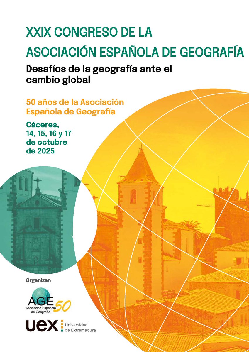 IDEESpain's tweet image. 📚 XXIX Congreso de la Asociación Española de Geografía (AGE)
🗓️ 14–17 oct. 2025 | 📍 Cáceres, Universidad de Extremadura
🎉 Celebramos los 50 años de la AGE
Enlace a la web del congreso: eventos.unex.es/119805/detail/…
#AGE2025 #Geografía #CambioGlobal #Cáceres