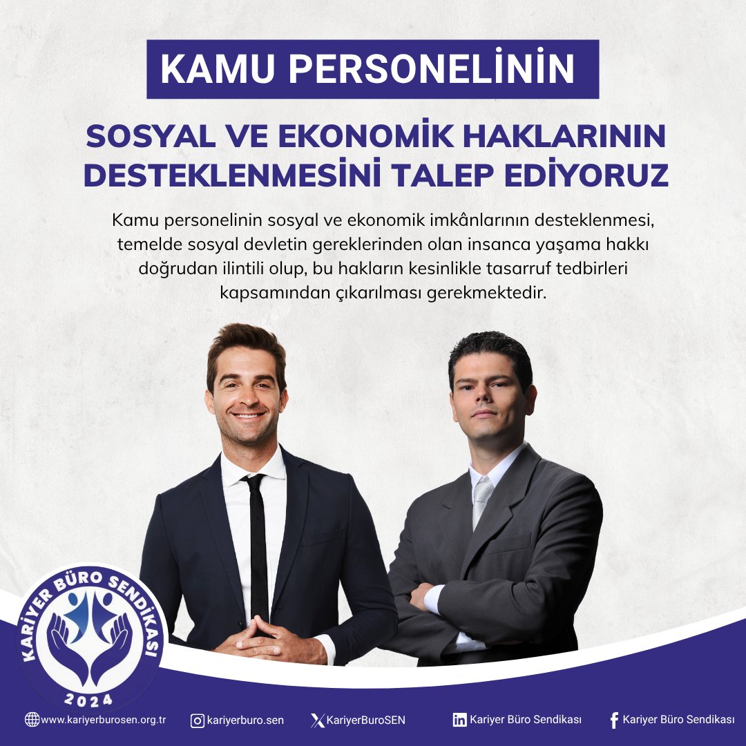 Kamu personelinin sosyal ve ekonomik imkânlarının desteklenmesi, temelde sosyal devletin gereklerinden olan insanca yaşama hakkı doğrudan ilintili olup, bu hakların kesinlikle tasarruf tedbirleri kapsamından çıkarılması gerekmektedir.

#KariyerBuroSen  #BirlikteGüçlüyüz