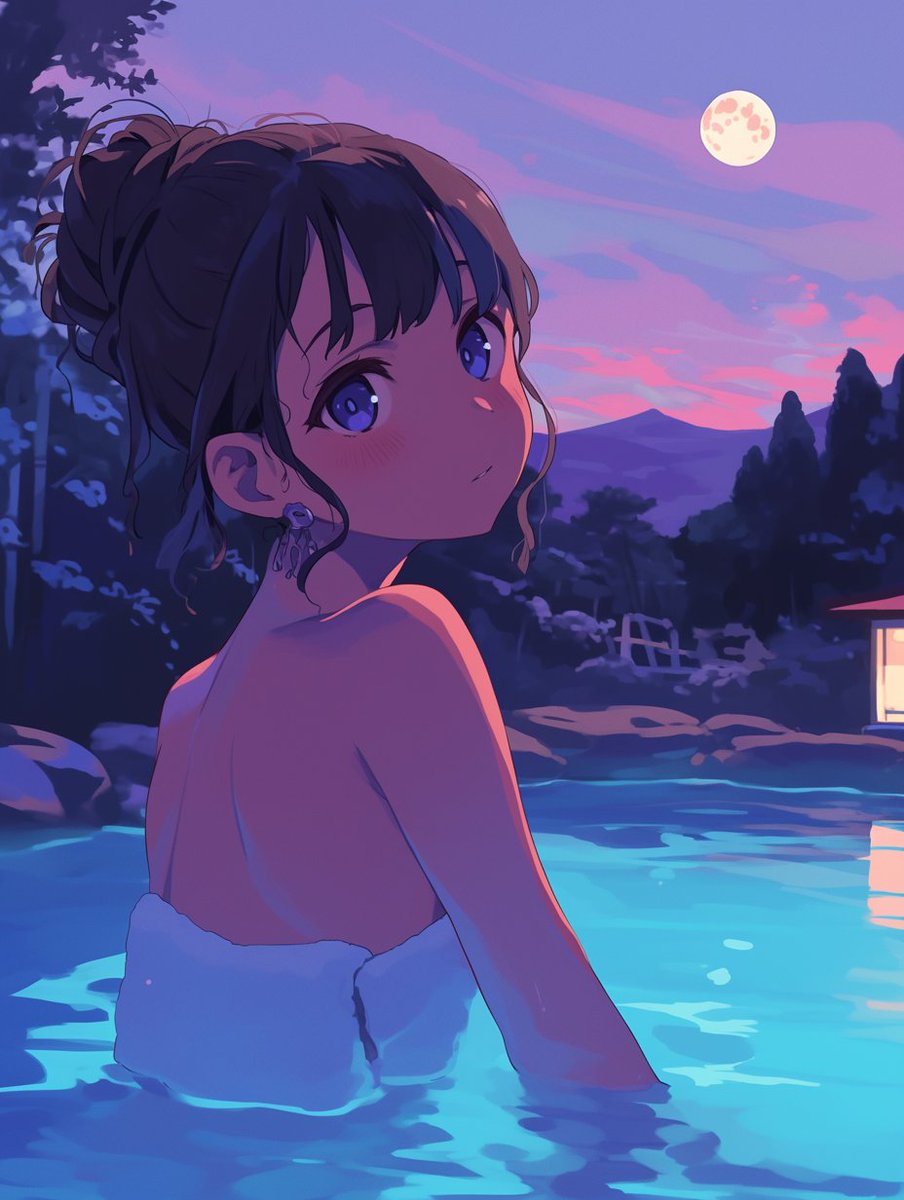 温泉旅行。
万博最終日とか関係なく、温泉に行ってきました。露天風呂は良いですねー。

#AIイラスト
#AIart
月と温泉