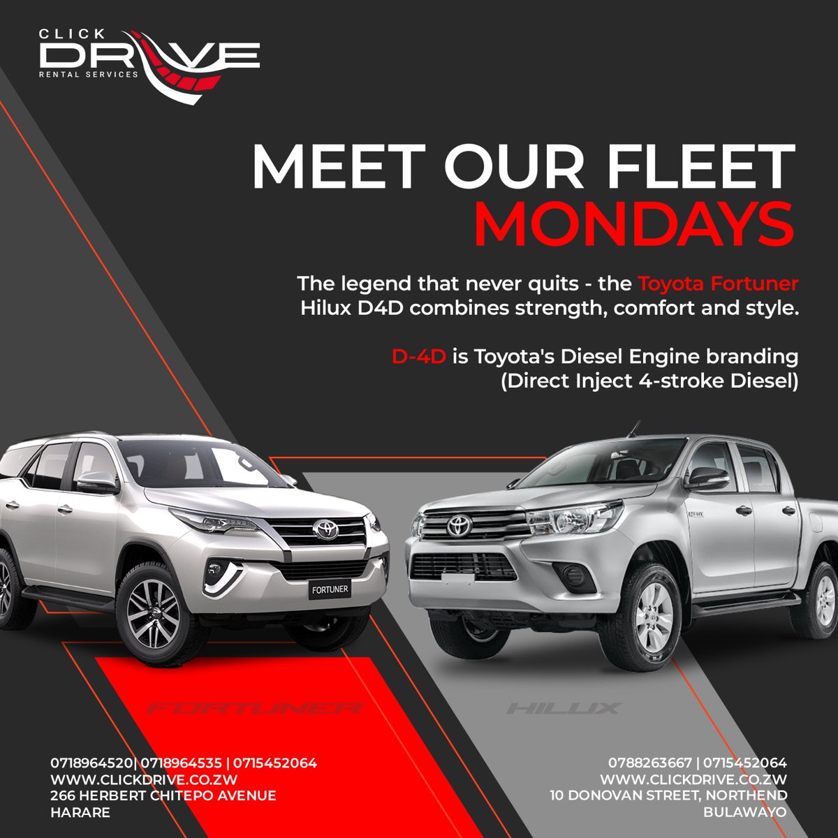 ClickdriveZim's tweet image. 💼 At 𝐂𝐥𝐢𝐜𝐤 𝐃𝐫𝐢𝐯𝐞 𝐑𝐞𝐧𝐭𝐚𝐥 𝐒𝐞𝐫𝐯𝐢𝐜𝐞𝐬, we bring you vehicles that define excellence. This Monday, meet the  𝐓𝐨𝐲𝐨𝐭𝐚 𝐅𝐨𝐫𝐭𝐮𝐧𝐞𝐫 𝐚𝐧𝐝 𝐇𝐢𝐥𝐮𝐱 𝐃𝟒𝐃 where strength meets sophistication.

𝑩𝒐𝒐𝒌 𝒏𝒐𝒘 ➡️

wa.me/263718964520…