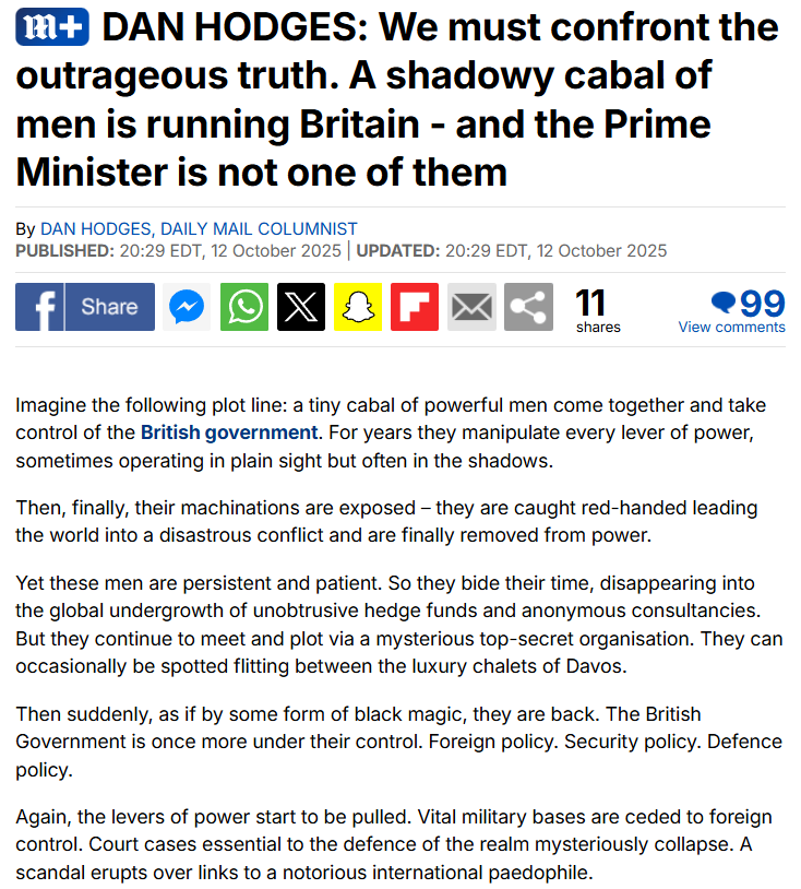 zoeharcombe's tweet image. &quot;For once the conspiracy theorists are right. A tiny, shadowy cabal of powerful men are indeed running Britain. But our Prime Minister does not sit among them.&quot;
&apos;Conspiracy theorists&apos; are usually right, sorry to say! 😉