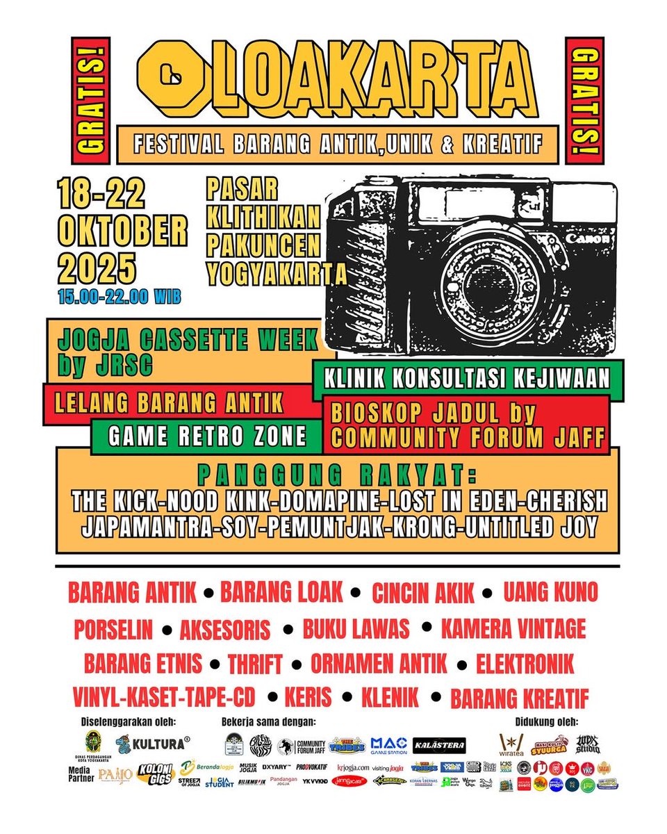 ✨ Jogja bakal nostalgia lagi!
#Loakarta2025 — festival barang antik, unik &amp; kreatif yang GRATIS dan super seru!

🎶 Panggung Rakyat
💿 Jogja Cassette Week
🎬 Bioskop Jadul
🕹️ Game Retro Zone
🫀 Klinik Sehat Jiwa

📆 18–22 Okt 2025 | 15.00–22.00 WIB
📍 Pasar Klithikan Pakuncen