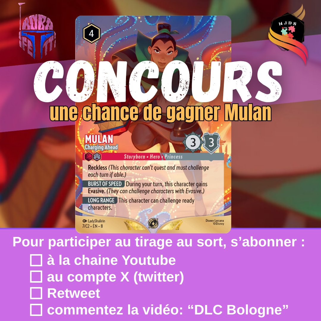 Salutations Les Lorcaniens ! 

Une Mulan Promo Foil à GAGNER ✨

👉 Suivez les étapes sur l’image pour participer !
📅 Tirage au sort vendredi soir prochain dans les commentaires YouTube 🎥

On est à 40 des 1000 abo YouTube
et à 2 des 600 sur X 💪
🔥 Profitez-en, l’ami