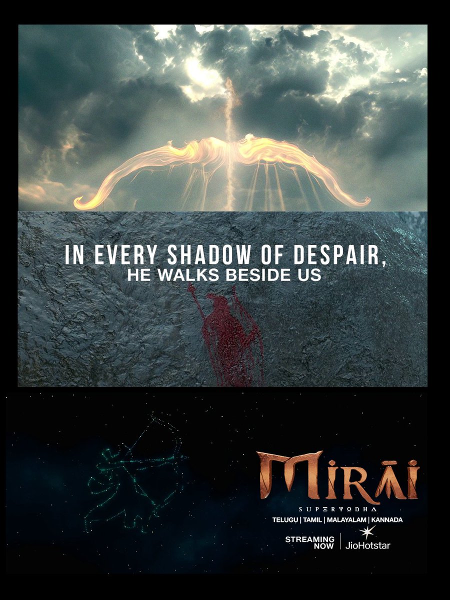 Whenever we are in need, his silent presence surrounds us. 🕉🔥🏹

Watch #Mirai streaming now on JioHotstar ⚛

<a href="/tejasajja123/">Teja Sajja</a> <a href="/HeroManoj1/">Manoj Manchu🙏🏻❤️</a> <a href="/Karthik_gatta/">Karthik Gattamneni</a> <a href="/shriya1109/">Shriya Saran</a> <a href="/RitikaNayak_/">Ritika Nayak</a> <a href="/vishwaprasadtg/">Vishwa Prasad</a> #KrithiPrasad <a href="/peoplemediafcy/">People Media Factory</a> <a href="/IamJagguBhai/">Jaggu Bhai</a> <a href="/sujithkolli/">Sujith Chowdary</a> <a href="/manibkaranam/">Manibabu Karanam</a>