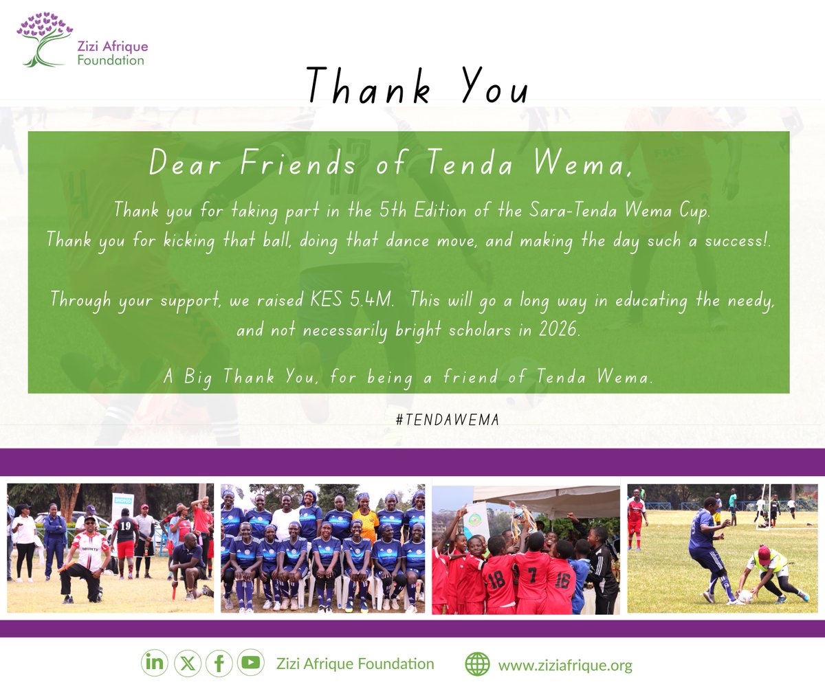 Dear Friends of Tenda Wema,
Thank you for being part of the 5th Edition of the Sara–Tenda Wema Cup! 💛
Together, we raised KES 5.4M a big step toward educating needy scholars in 2026.
Though short of our 8M target, your support keeps hope alive. 🙏
#TendaWema #SaraCup2025